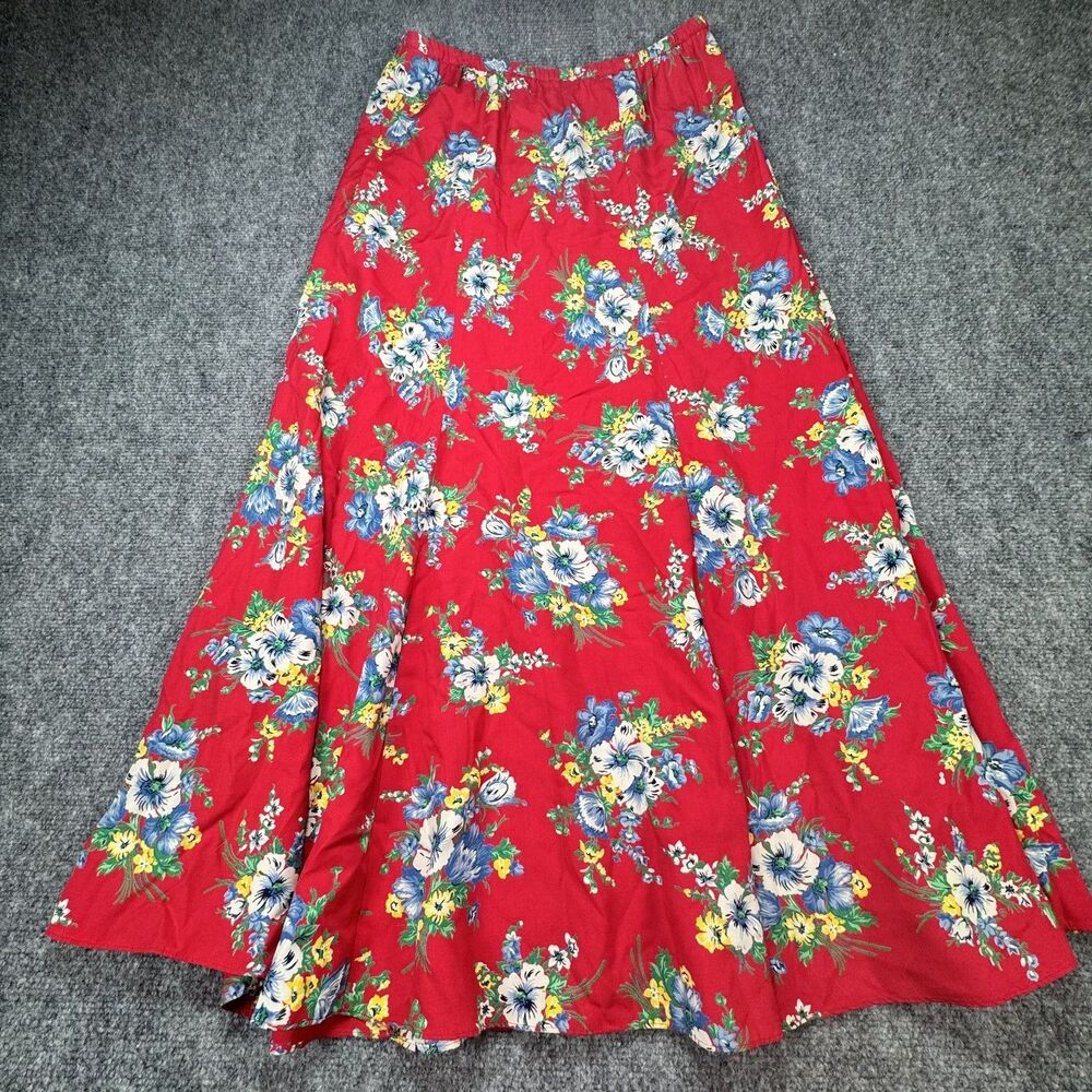 Vintage Jones & Co Floral Maxi Skirt Red Rayon USA Made Women's Size Medium